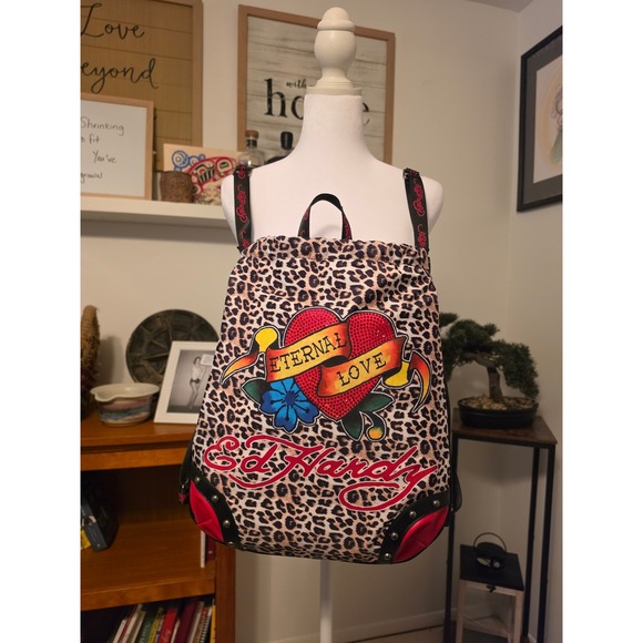 Ed Hardy Handbags - Ed Hardy Leopard Print Eternal Love Tattoo Backpack Y2K Streetwear Bag